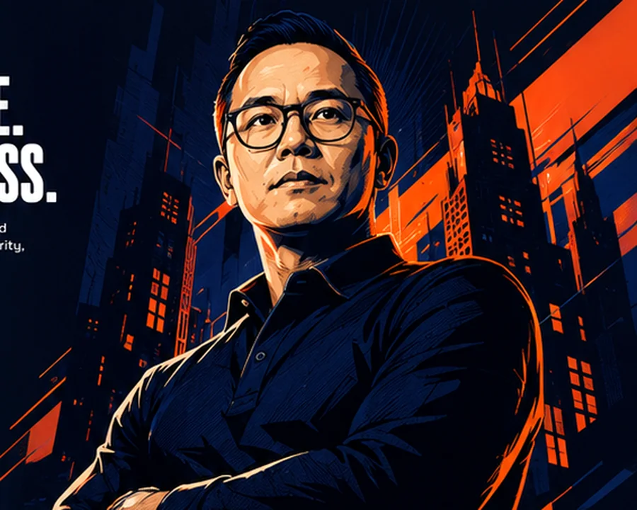 Comic editorial portrait of an Indonesian business leader in a tactical city setting